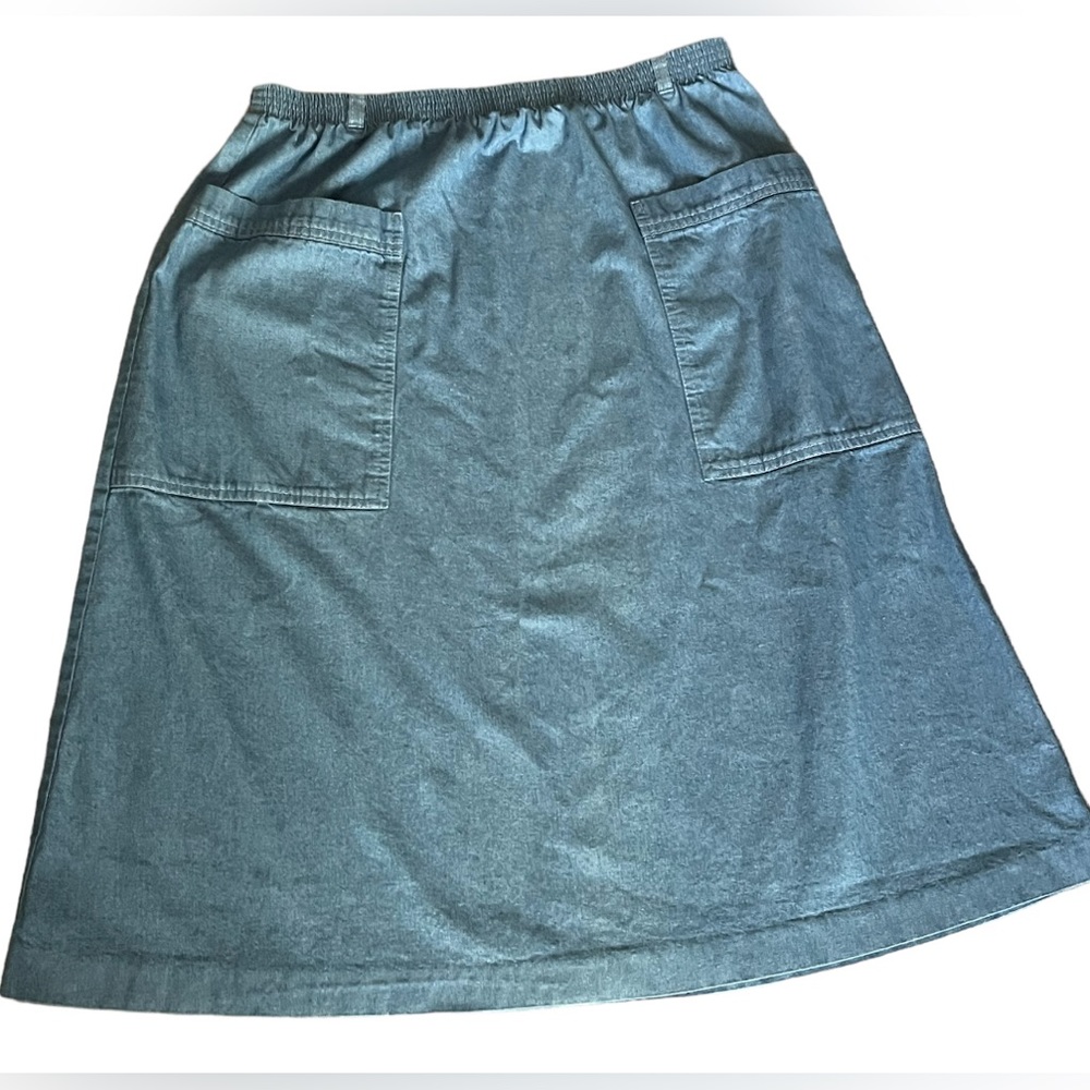 Vtg 80s 90s Y2K Alfred Dunner Skirt 18 Blue Chambray Pockets Elastic Waist USA